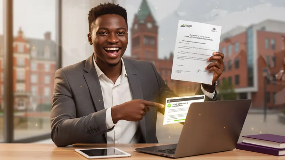 a young Nigerian student in cosmopolitan attire, joyfully holding an acceptance letter from a renowned international university