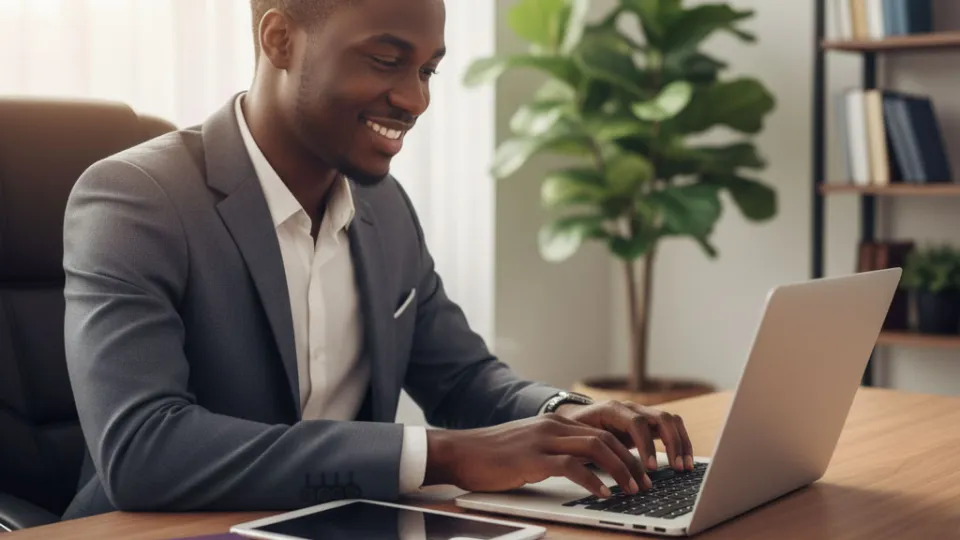 A young student viewing his exam registration confirmation on a laptop.