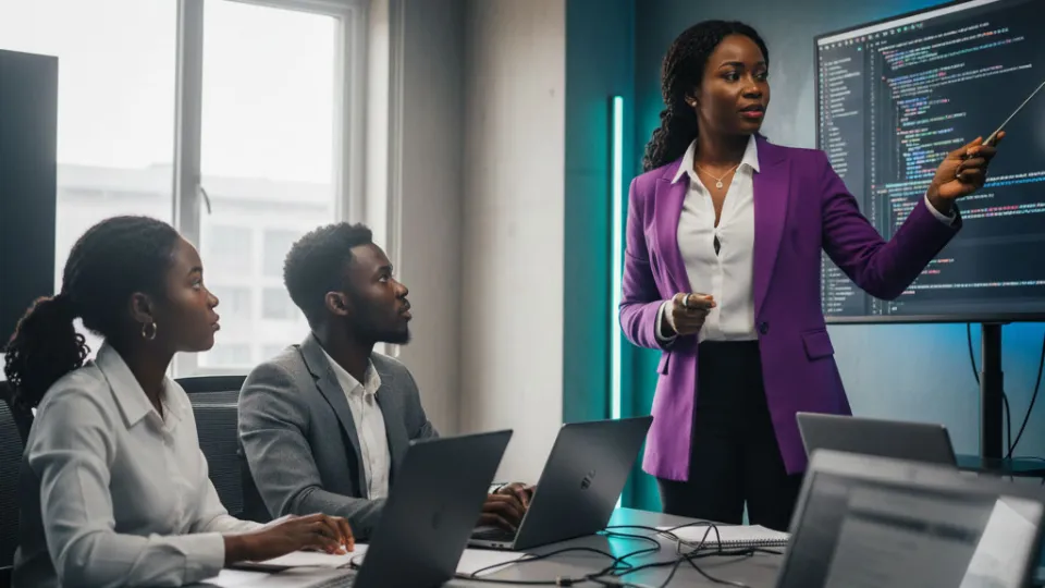 An expert Nigerian instructor in cosmopolitan attire guiding a student or small group in a modern tech context
