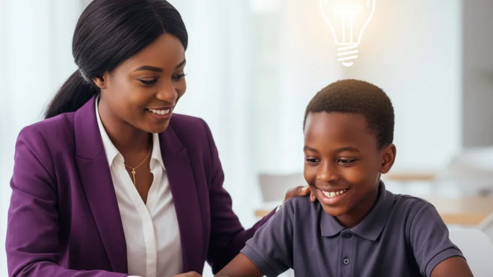 A tutor guiding a young student who suddenly understands a concept in a lightbulb moment.