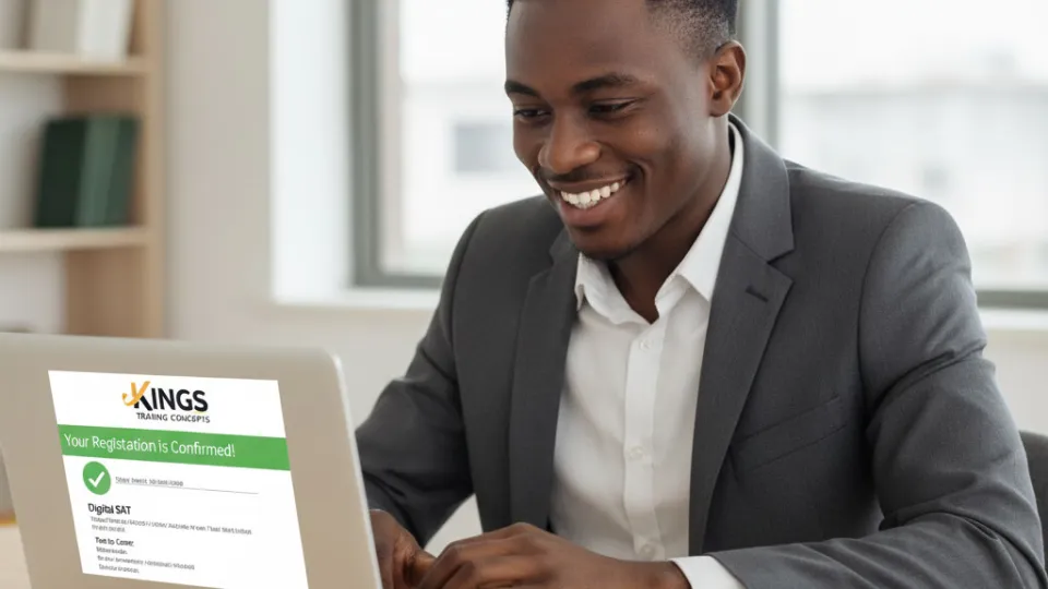 A student smiling after a successful registration for an examination.