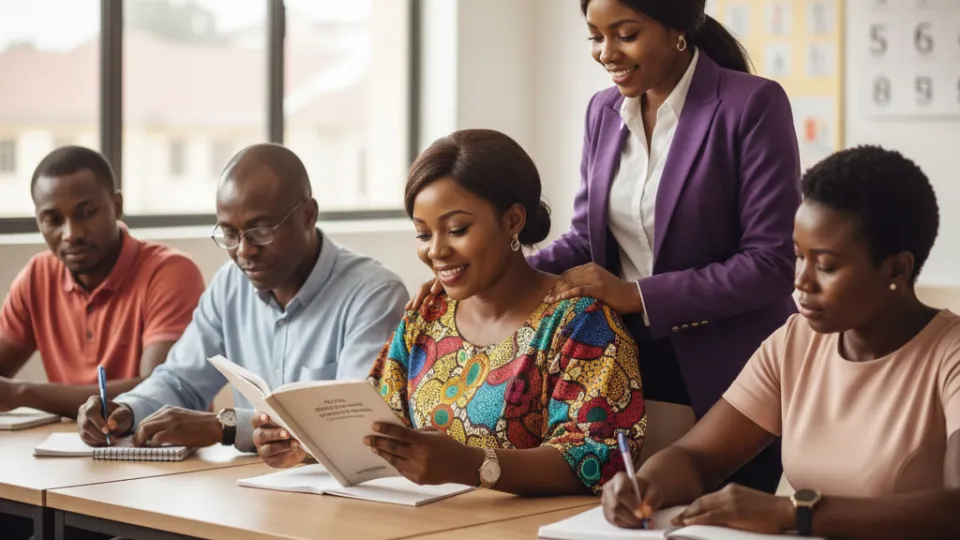 a diverse group of adult Nigerian learners in a supportive classroom setting, with one adult proudly engaged in reading/writing, and a friendly instructor subtly facilitating