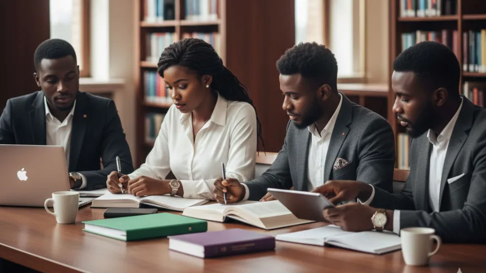 Students studying in a library.