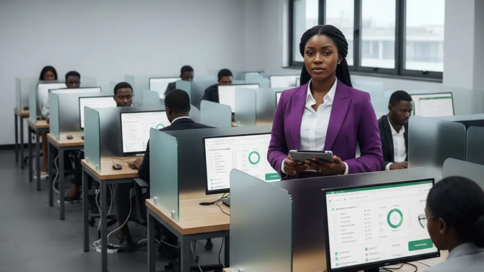 A professional in cosmopolitan attire overseeing a digital assessment in a clean, modern testing center