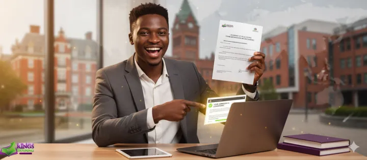 a young Nigerian student in cosmopolitan attire, joyfully holding an acceptance letter from a renowned international university