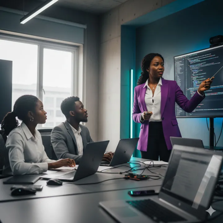 An expert Nigerian instructor in cosmopolitan attire guiding a student or small group in a modern tech context