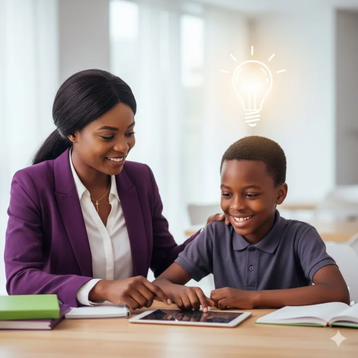 A tutor guiding a young student who suddenly understands a concept in a lightbulb moment.
