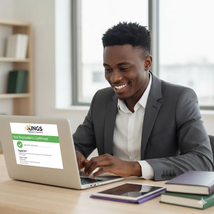 A student smiling after a successful registration for an examination.