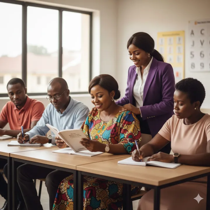 a diverse group of adult Nigerian learners in a supportive classroom setting, with one adult proudly engaged in reading/writing, and a friendly instructor subtly facilitating