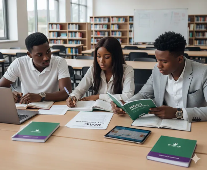 Students checking results in a library