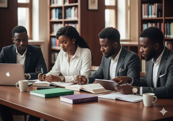 Students studying in a library.