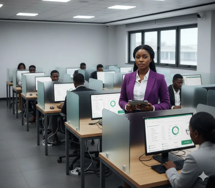 A professional in cosmopolitan attire overseeing a digital assessment in a clean, modern testing center
