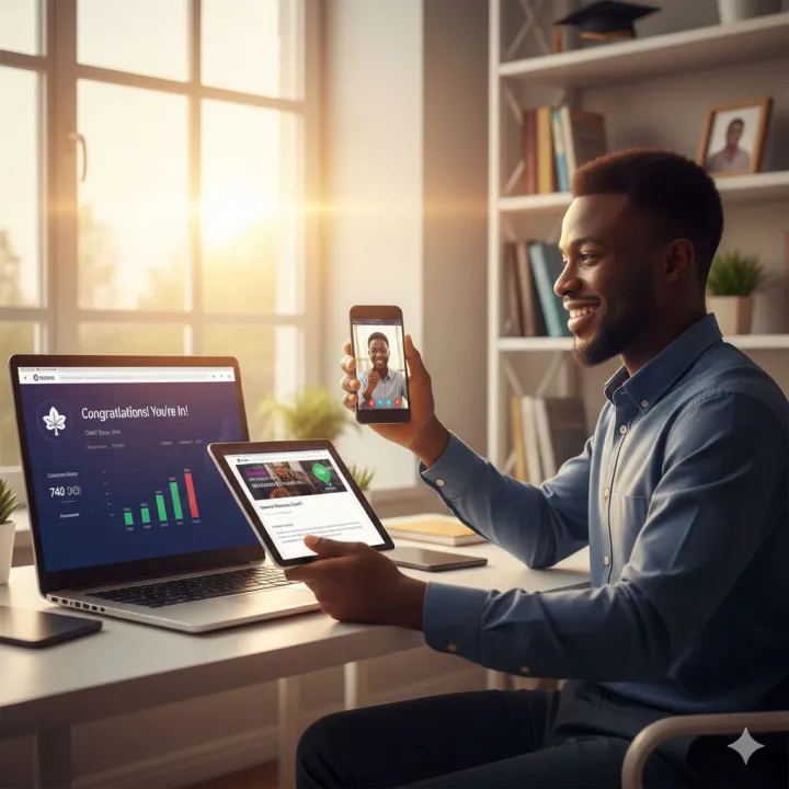 A student happy after seeing notification he has passed his GMAT tests.