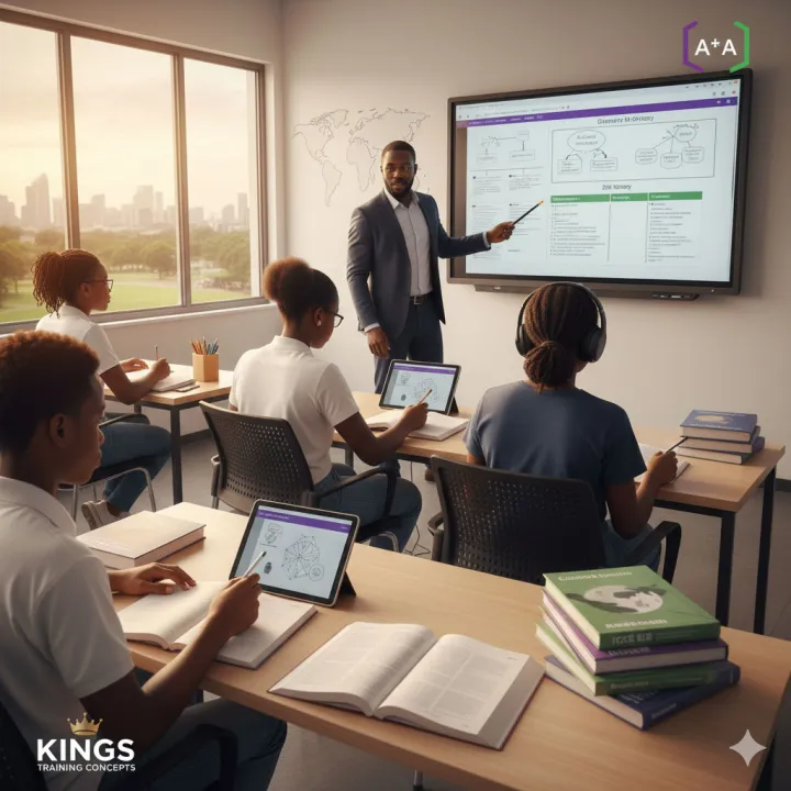 An IGCSE test preparation class with a teacher illustrating for students