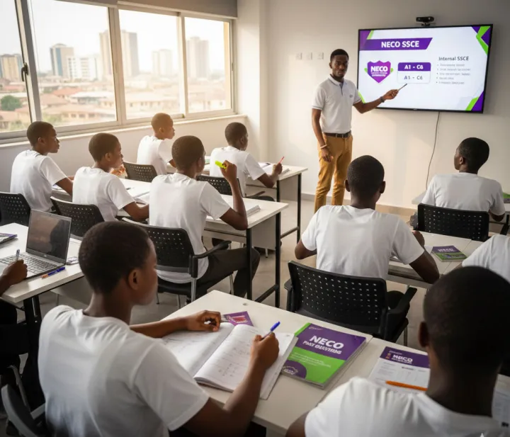 A teacher teaching students in a NECO preparation class