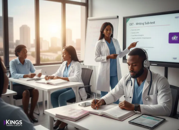 An OET (Occupational English Test) Preparation class on going with an instructor hands on.